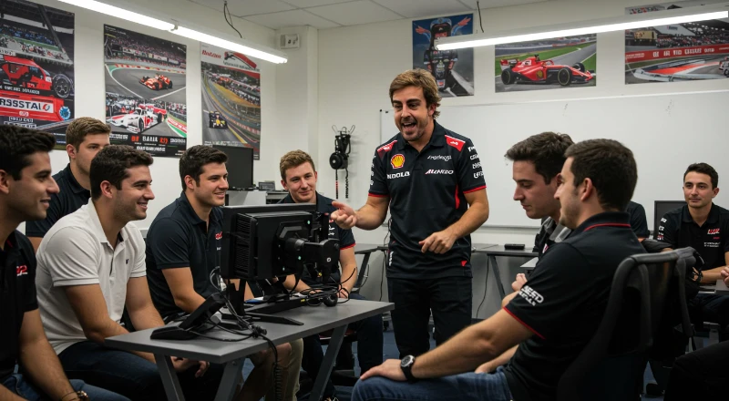 Fernando Alonso inaugura una autoescuela para enseñar a sus rivales a adelantar correctamente